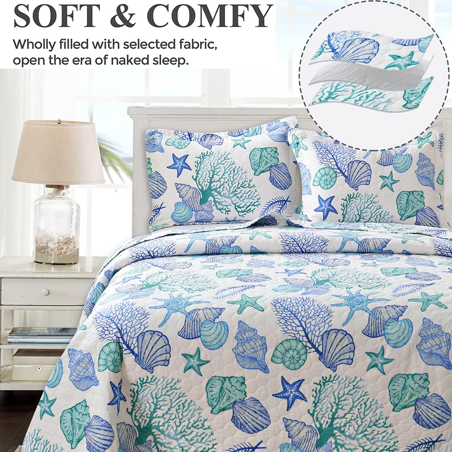 3 Piece Quilts Full/Queen Size Ocean Theme,Lightweight Coastal Beach Bedding Seashell Conch Starfish Bedspread Coverlet with 2 Pillowshams