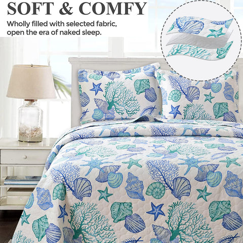 3 Piece Quilts Full/Queen Size Ocean Theme,Lightweight Coastal Beach Bedding Seashell Conch Starfish Bedspread Coverlet with 2 Pillowshams