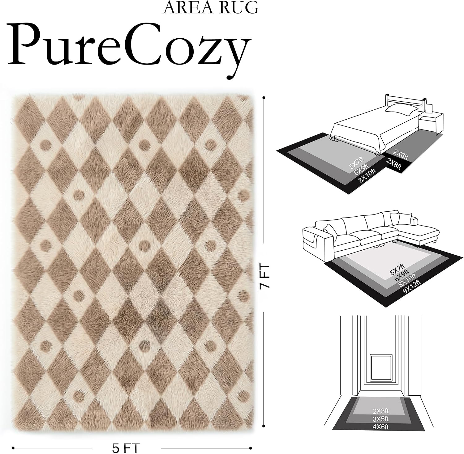 PureCozy Brown 5x7 Area Rug for Living Room Soft Checkered Shag Carpet