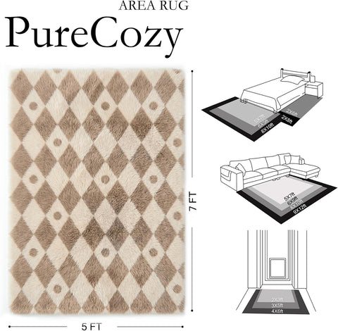 PureCozy Brown 5x7 Area Rug for Living Room Soft Checkered Shag Carpet