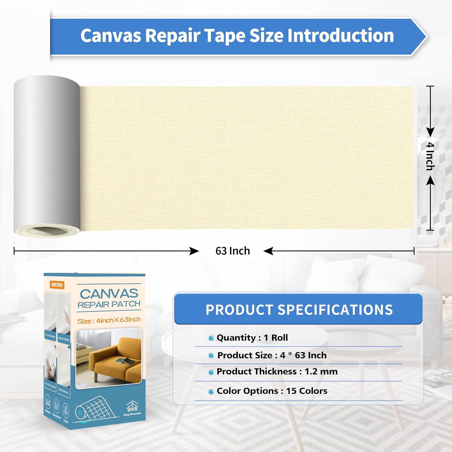 KING MOUNTAIN Canvas Repair Tape,Outdoor Gear Patch, 4×63 Inches,Waterproof,Self-Adhesive for Repairing Boat Covers,Sun Shades,Sofas,Tents,Lounge Chairs,Awnings (Beige1.0)
