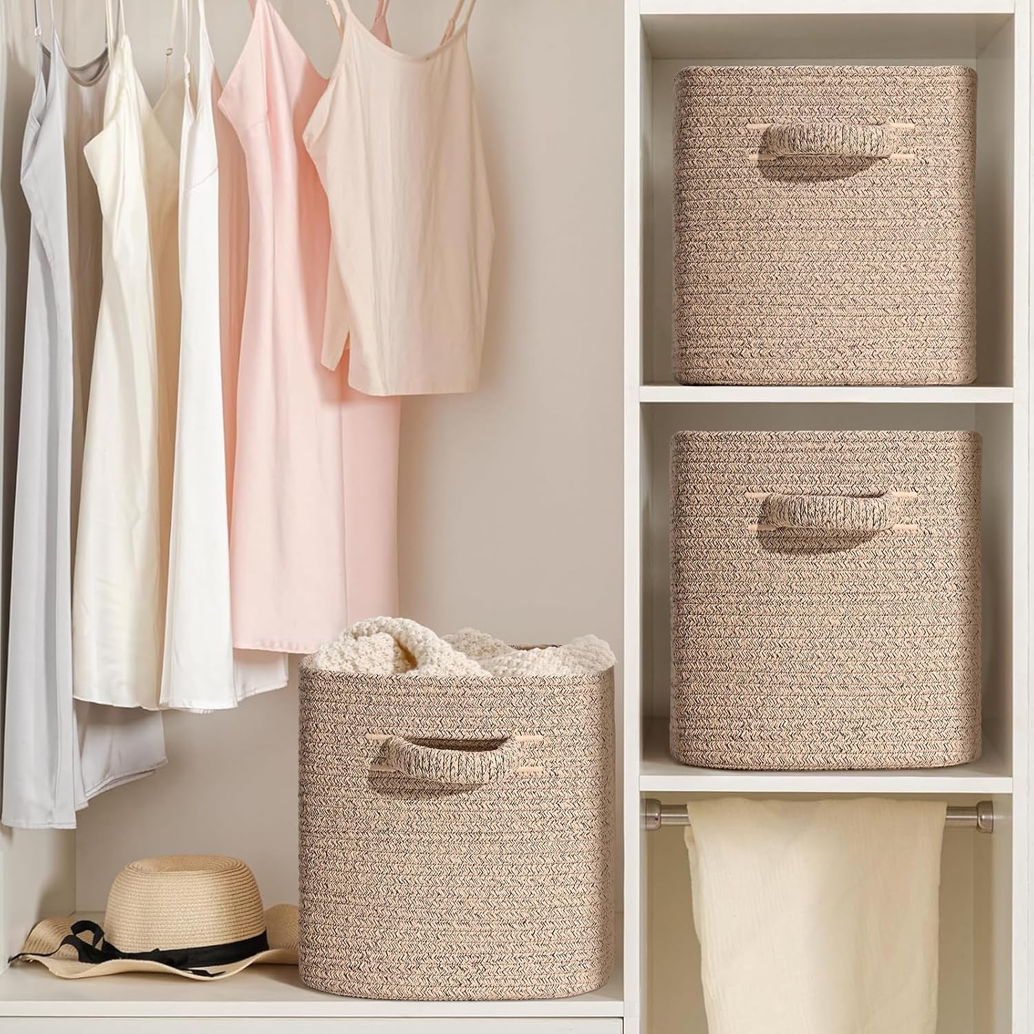 11 Inch Storage Cubes, 3 Pack Cube Storage Bins for Organizing, Cotton Rope Woven Baskets for Shelves, Bathroom, Kids Room, Closets, Baby Nursery