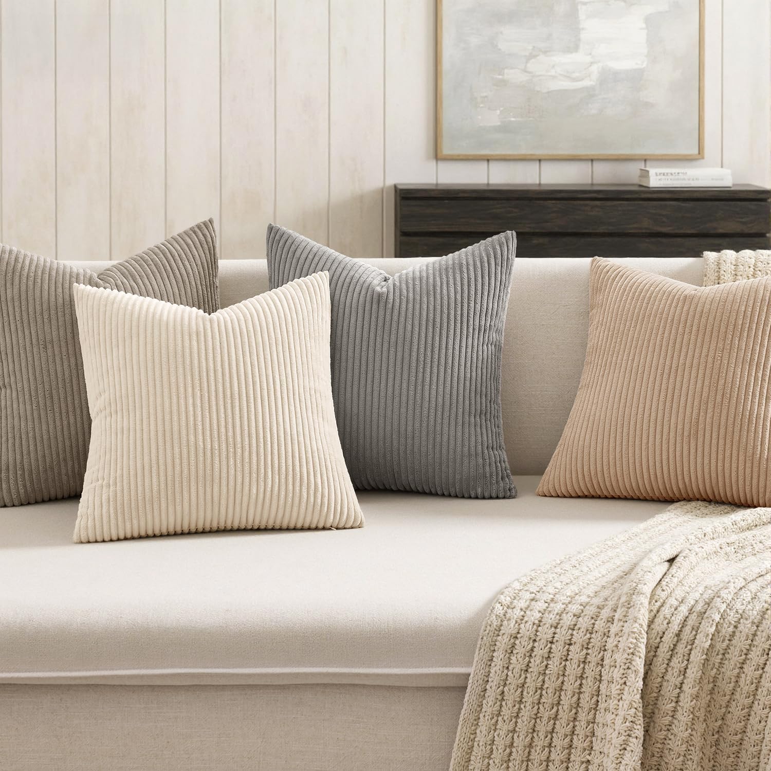 MIULEE Soft Corduroy Decorative Throw Pillow Covers Neutral Cream 18x18