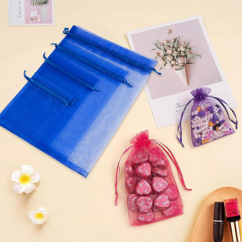 Crweety 50PCS Blue Organza Bags 5x7, Small Gift Bags for Jewelry Sachet Candy Treats, Mini Mesh Bag Drawstring Cute Pouches for Wedding Bridal & Baby Shower Birthday Party Halloween Favors Gifts