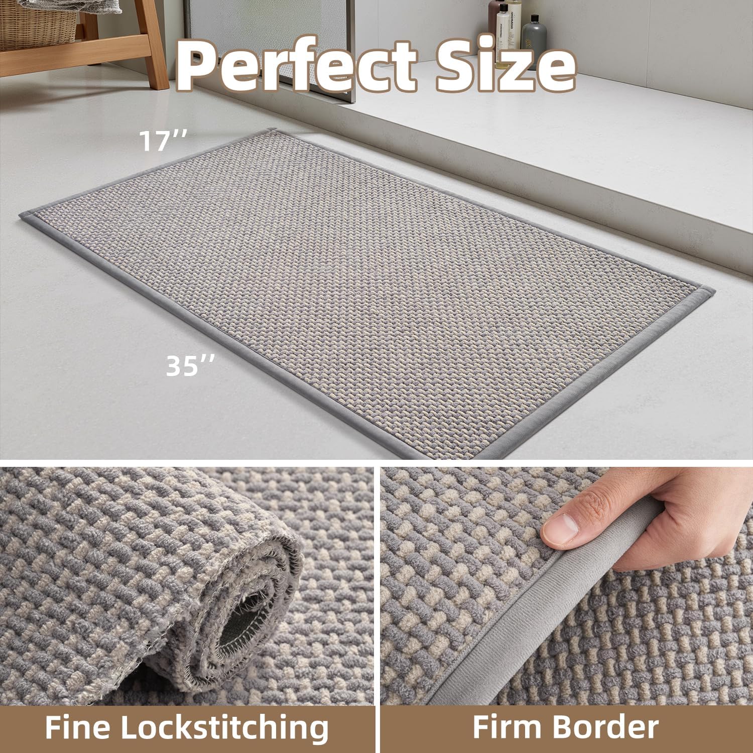 PADOOR-Bath Mat-Super Absorbent Chenille Bathroom Mats-Rubber Backed Bath Mats for Bathroom Non Slip, Easy Clean Bathroom Rugs Front of Bathtub,Shower Room,Sink-17×28, Grey&Beige
