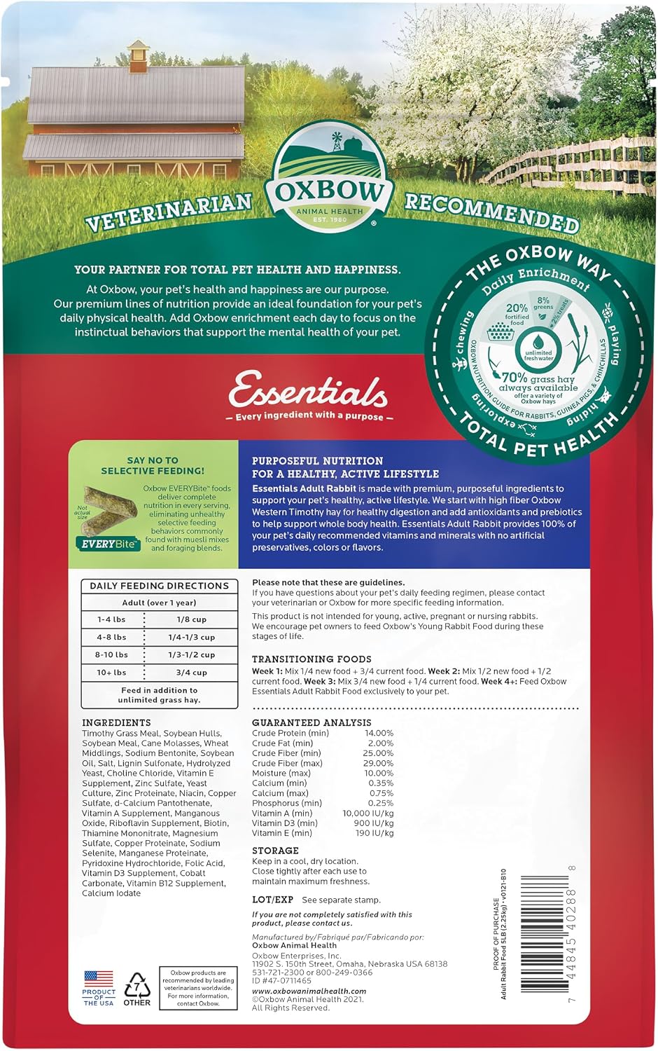 Oxbow Essentials Adult Rabbit Food, Timothy Hay Rabbit Pellets, USA, 5 lb
