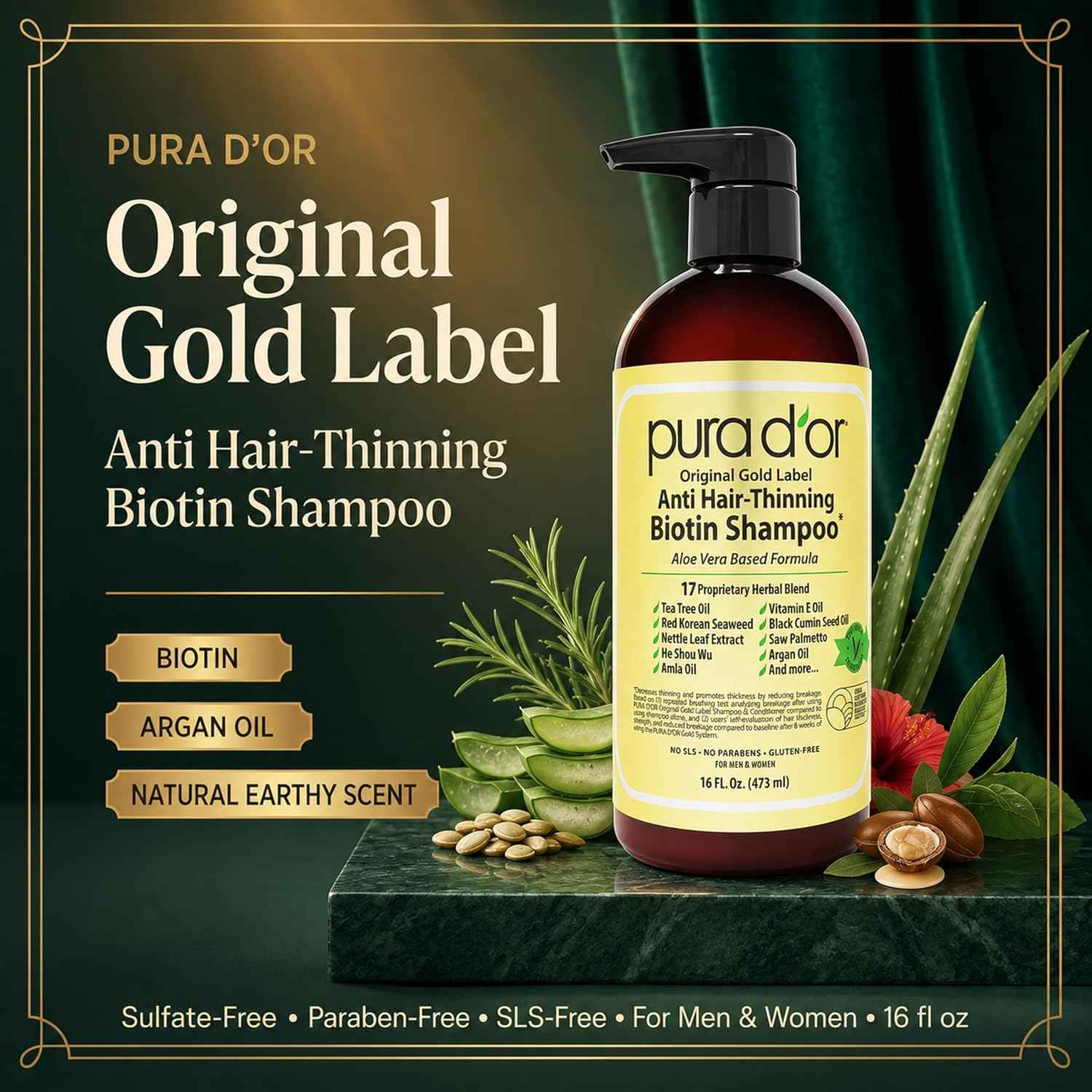PURA D'OR Original Gold Label Anti-Hair Thinning Biotin Shampoo, 16oz | Fuller-Looking Volume, Clinically Tested, Saw Palmetto, Nettle, Aloe Vera Base, Men & Women, Sulfate-Free, Paraben-Free