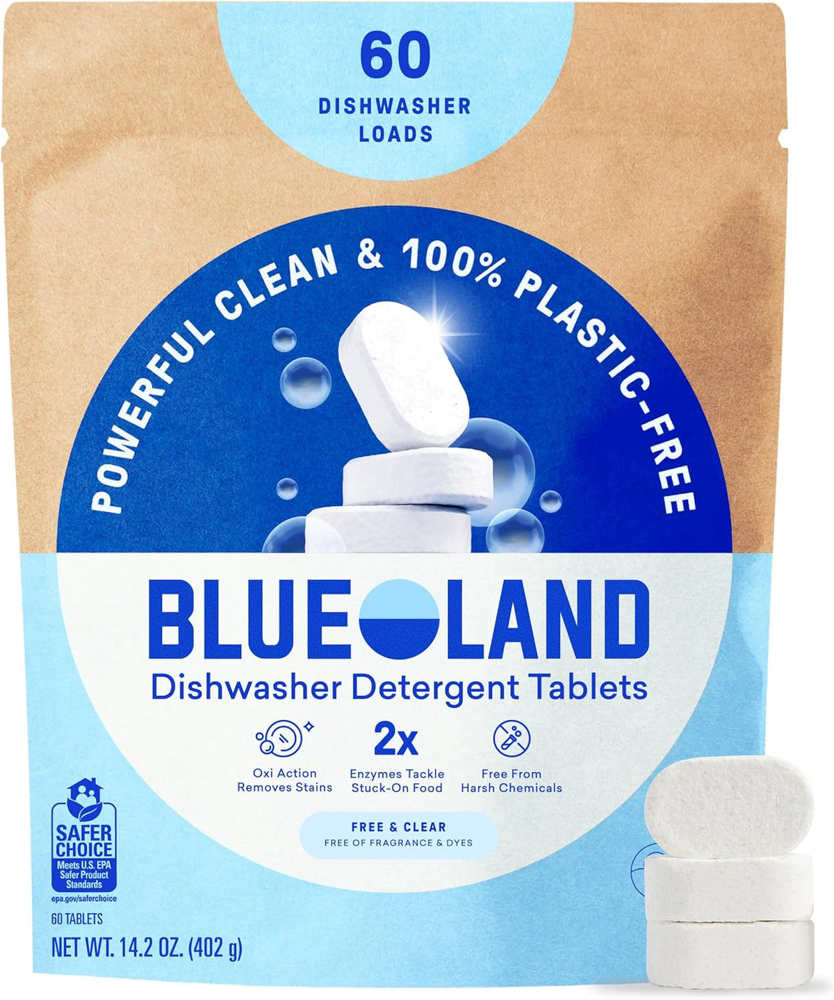 BLUELAND 100% Plastic-Free Dishwasher Detergent Tablets, 60ct, Free & Clear