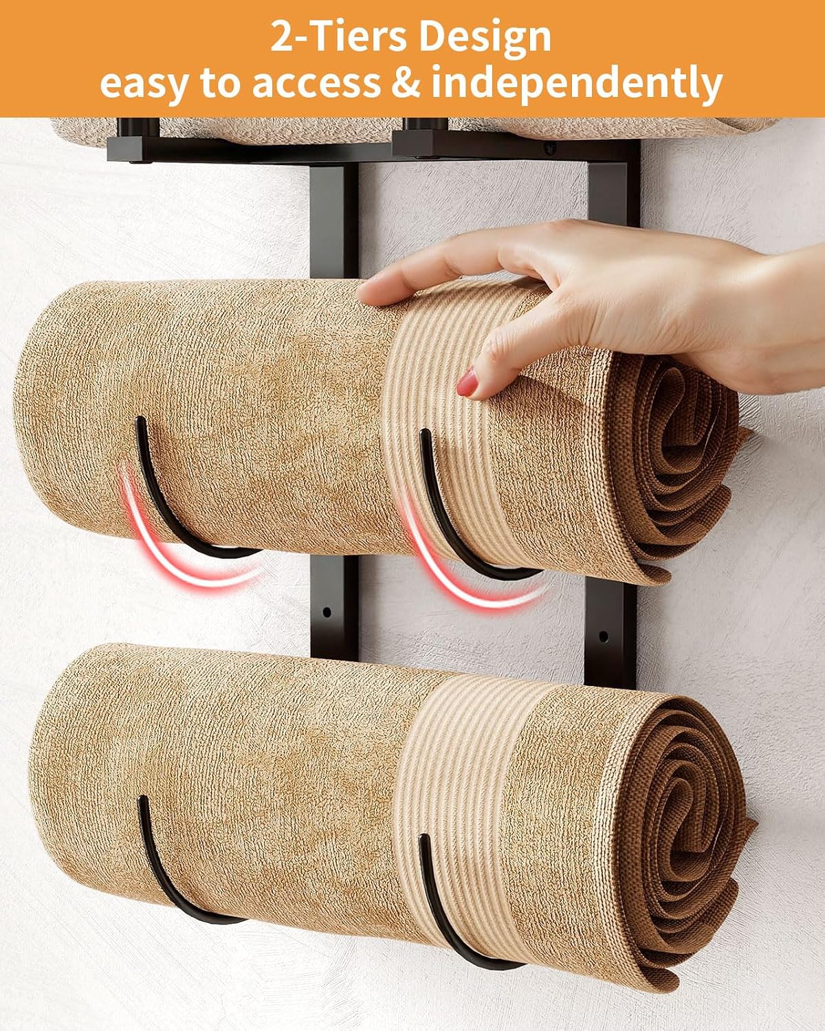Towel Racks for Bathroom, Bathroom Towel Rack Wall Mounted with 2 Tiers Rolled Towel Holder, Towel Storage can Holds 3 Large Rolled Towels, Black