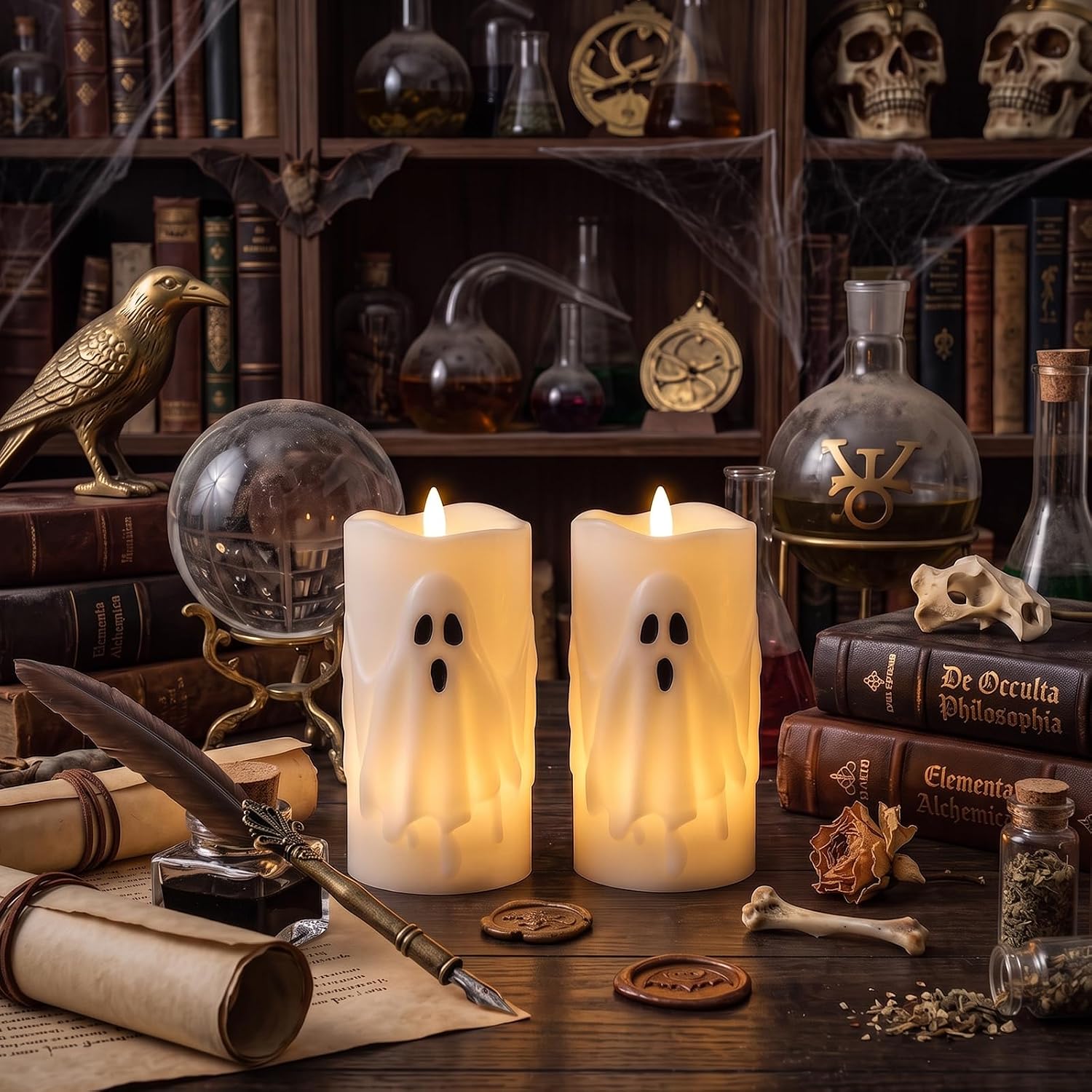 Halloween Ghost Flameless Pillar Candles with Remote Timer, 2PCS