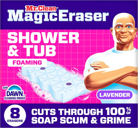 Mr. Clean Magic Eraser Sponge, Bathroom, Shower, Tub Cleaner, Soap Scum Remover, Bathroom Cleaning Supplies, Dawn Cleaning Power with Lavender Scent, Shower & Tub, 8ct
