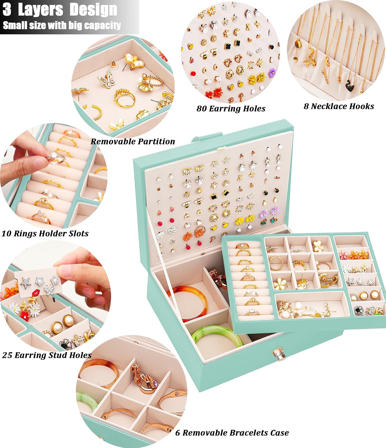 QBestry Girls Jewelry Box for Earrings Jewelry Organizer Box Teen Girls Earrings Organizer Jewelry Box Earring Holder Organizer Stud Earring Box for Girls Womens Jewelry Case Organizer Teal