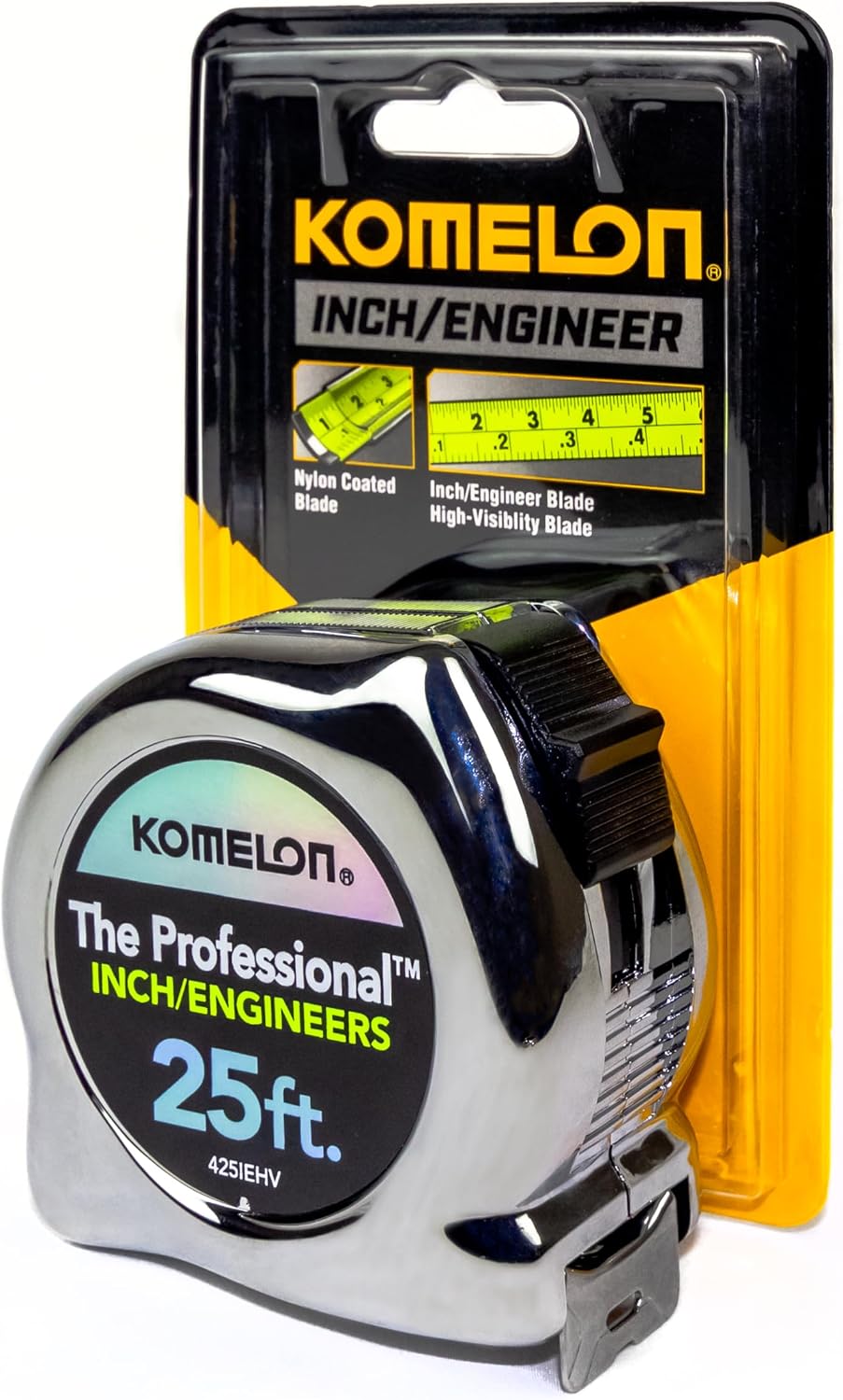 Komelon 425IEHV High-Visibility Professional Tape Measure Bother Inch and Engineer Scale Printed 25-Feet by 1-Inch, Chrome