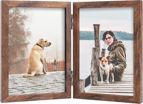 FOREV 5x7 Double Picture Frame Rustic Wood Wooden Hinged Photo Frame
