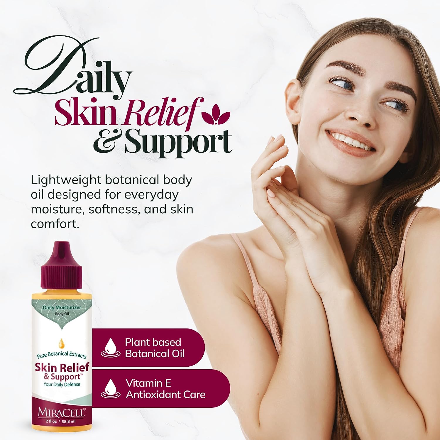 Miracell Skin Relief & Support Oil | Natural Moisturizer for Dry, Sensitive, or Irritated Skin | Soothes Cuts, Scrapes, Bug Bites, Sunburn, Chafing, Rough Hands, Cracked Cuticles & Windburn | 2 oz