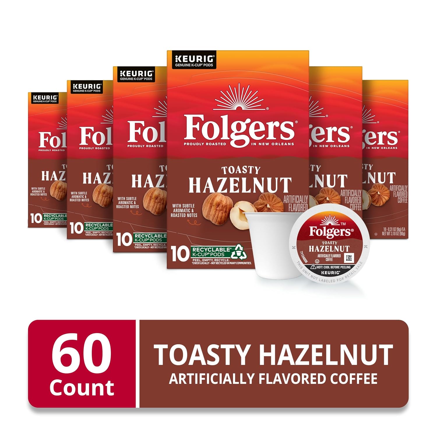 Folgers Toasty Hazelnut Artificially Flavored Coffee, K-Cup Pods, 60 Count | 6 (10 count) boxes, Medium roast coffee, Genuine K-Cup pods made to brew with your Keurig coffee maker