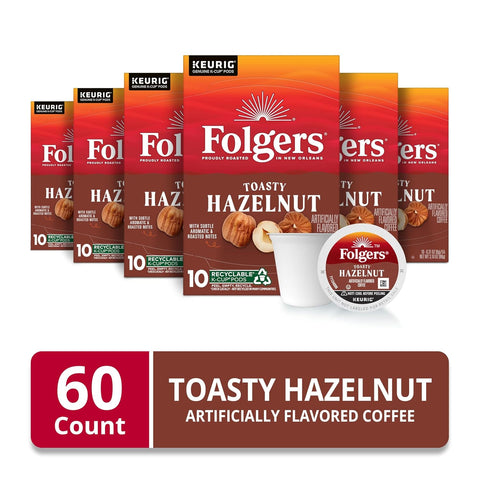 Folgers Toasty Hazelnut Artificially Flavored Coffee, K-Cup Pods, 60 Count | 6 (10 count) boxes, Medium roast coffee, Genuine K-Cup pods made to brew with your Keurig coffee maker