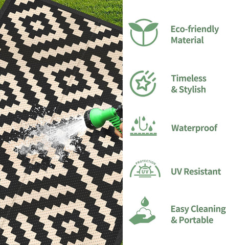 GENIMO Outdoor Rug, Waterproof Plastic Runner Rugs, 2.5'x8' Black Beige