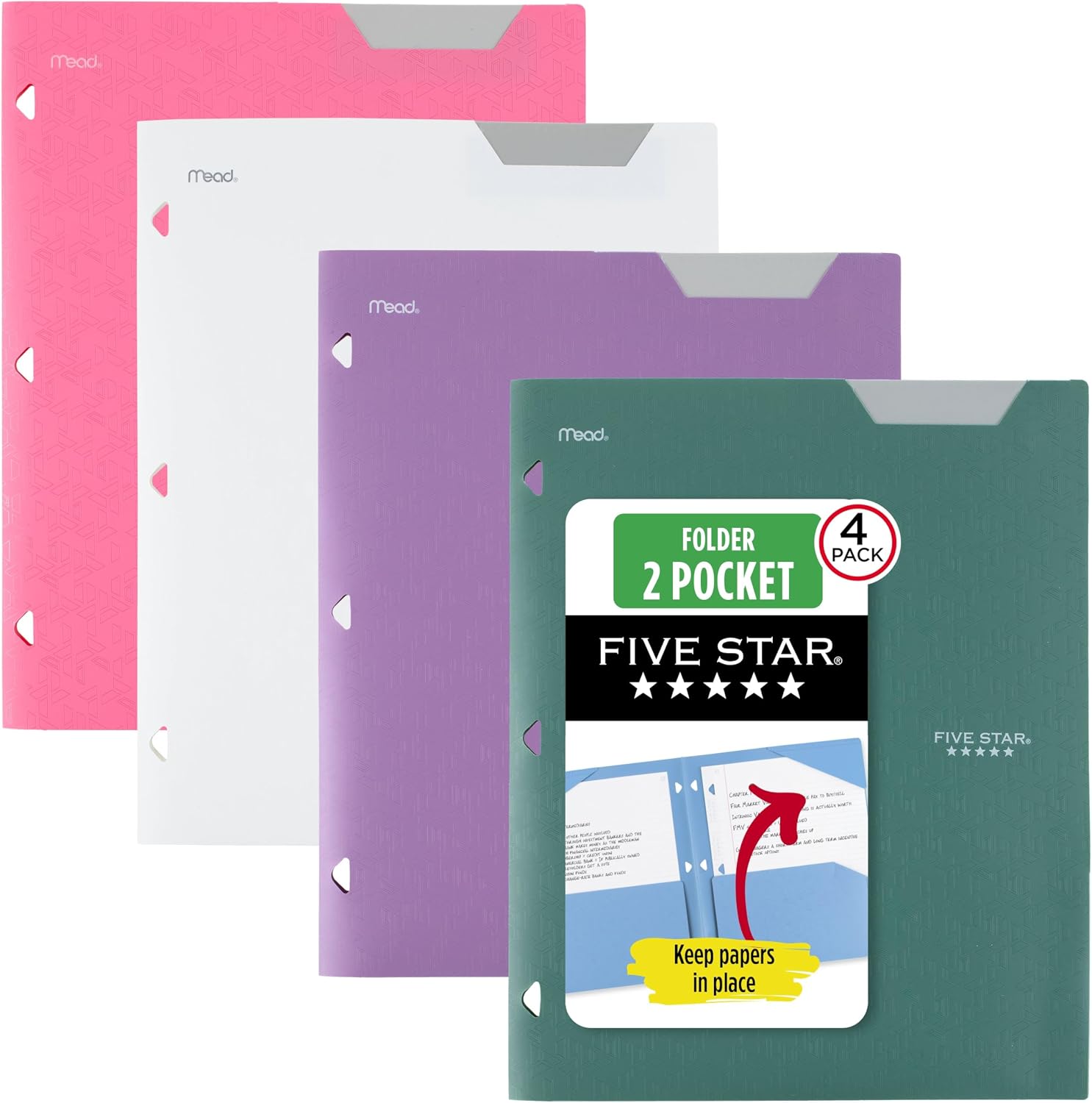 Five Star 2-Pocket Plastic Folder with Stay-Put Tabs, Fits 3-Ring Binder, Holds 8.5" x 11" Paper, Assorted Colors, 4 Pack (333420B)