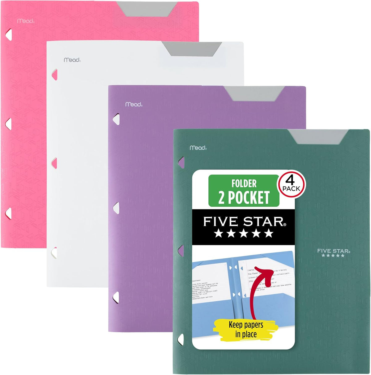 Five Star 2-Pocket Plastic Folder with Stay-Put Tabs, Fits 3-Ring Binder, Holds 8.5" x 11" Paper, Assorted Colors, 4 Pack (333420B)