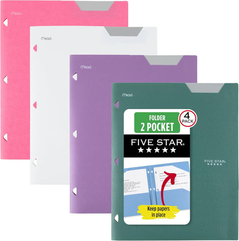 Five Star 2-Pocket Plastic Folder with Stay-Put Tabs, Fits 3-Ring Binder, Holds 8.5" x 11" Paper, Assorted Colors, 4 Pack (333420B)
