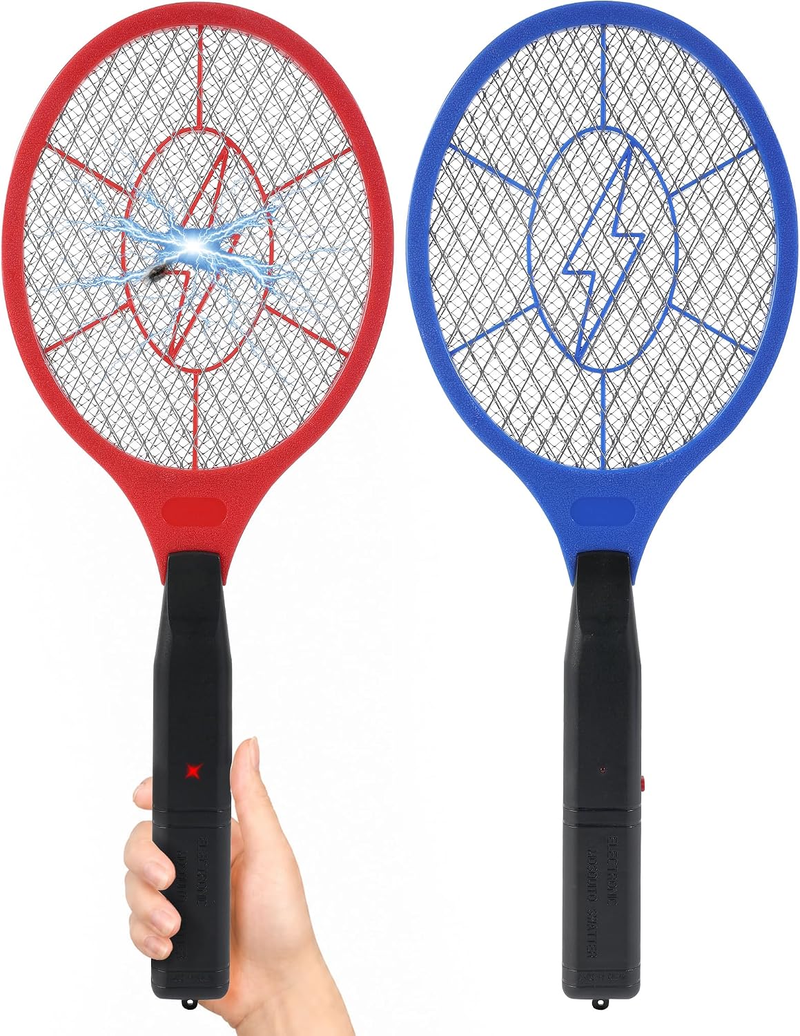 Electric Fly Swatter 2 Pack (Red & Blue), Battery Powered Bug Zapper Racket for Mosquitoes & Flies, Safe Protective Mesh, Indoor & Outdoor Use, Batteries Not Included