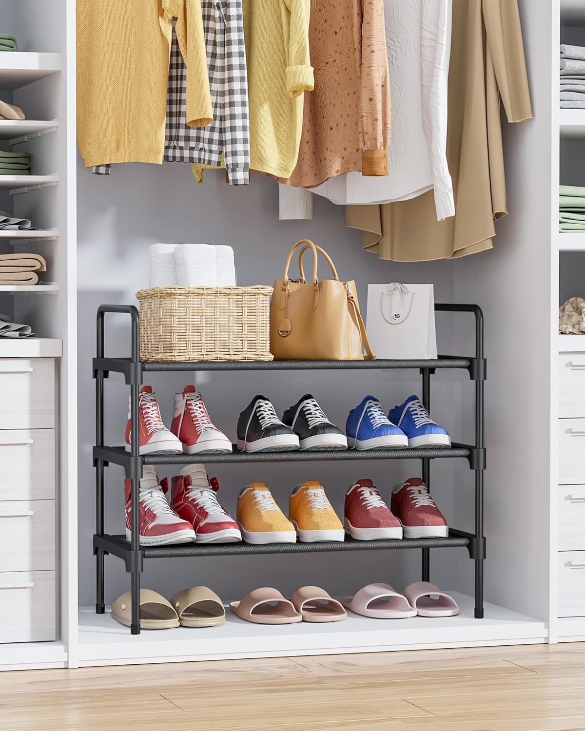 Kitsure Shoe Rack for Closet, Shoe Storage, 27.6" Wide - 3 Tiers, Black