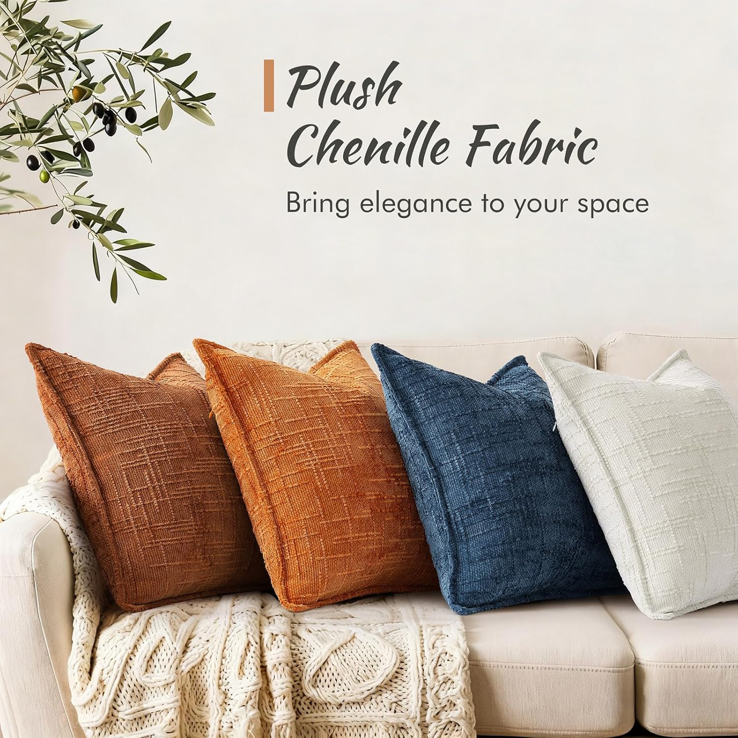 decorUhome Chenille Fall Throw Pillow Covers 20x20 Set of 2, Burnt Orange