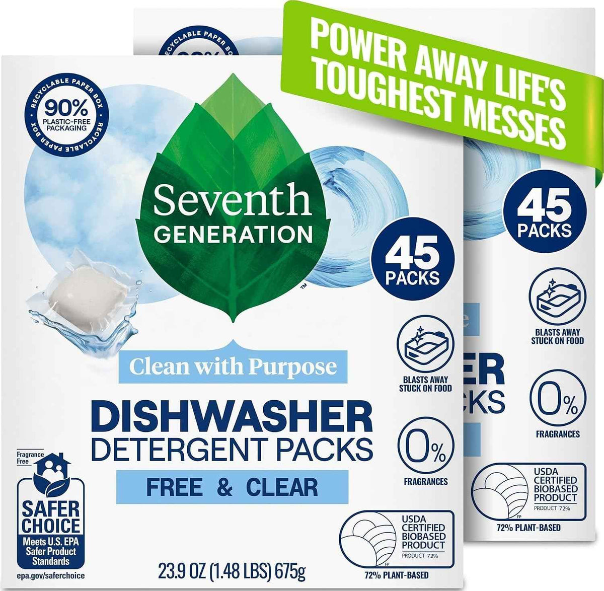 Seventh Generation Dishwasher Detergent Packs, Free & Clear, 45 Count, Pack of 2, Plant Powered Cleaning, Fights Greasy Reside & Stuck-On Food For Sparkling Dishes, Fragrance-Free & Septic Safe