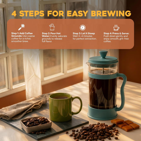 Utopia Kitchen 12 oz Glass French Press, French Press Coffee Maker, Tea Press, Triple-Layer Filter for Smooth Brew, Heat-Resistant Borosilicate Glass, Stainless Steel Plunger, Aqua