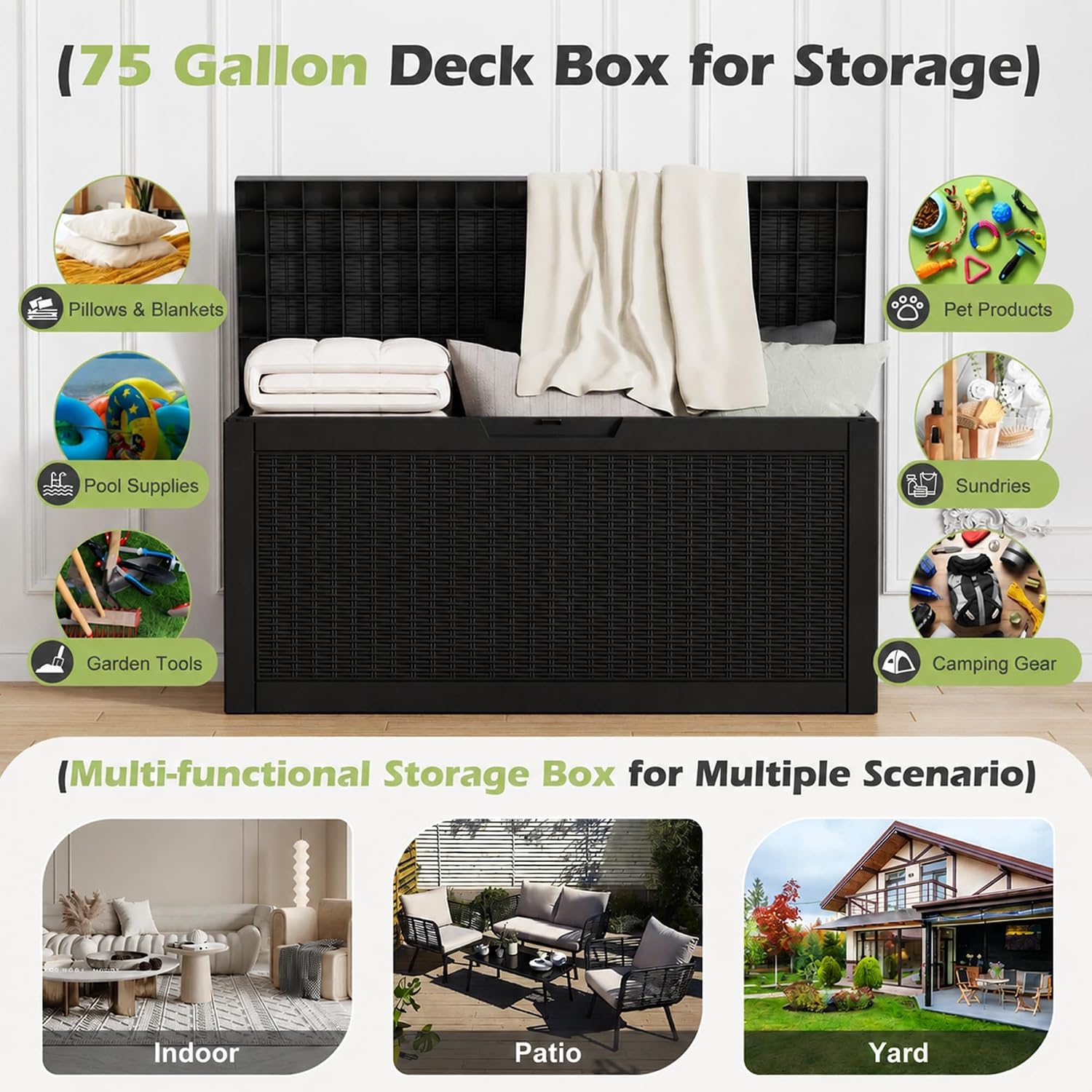 Outdoor Storage Box Waterproof, 75 Gallon Deck Box for Patio Storage