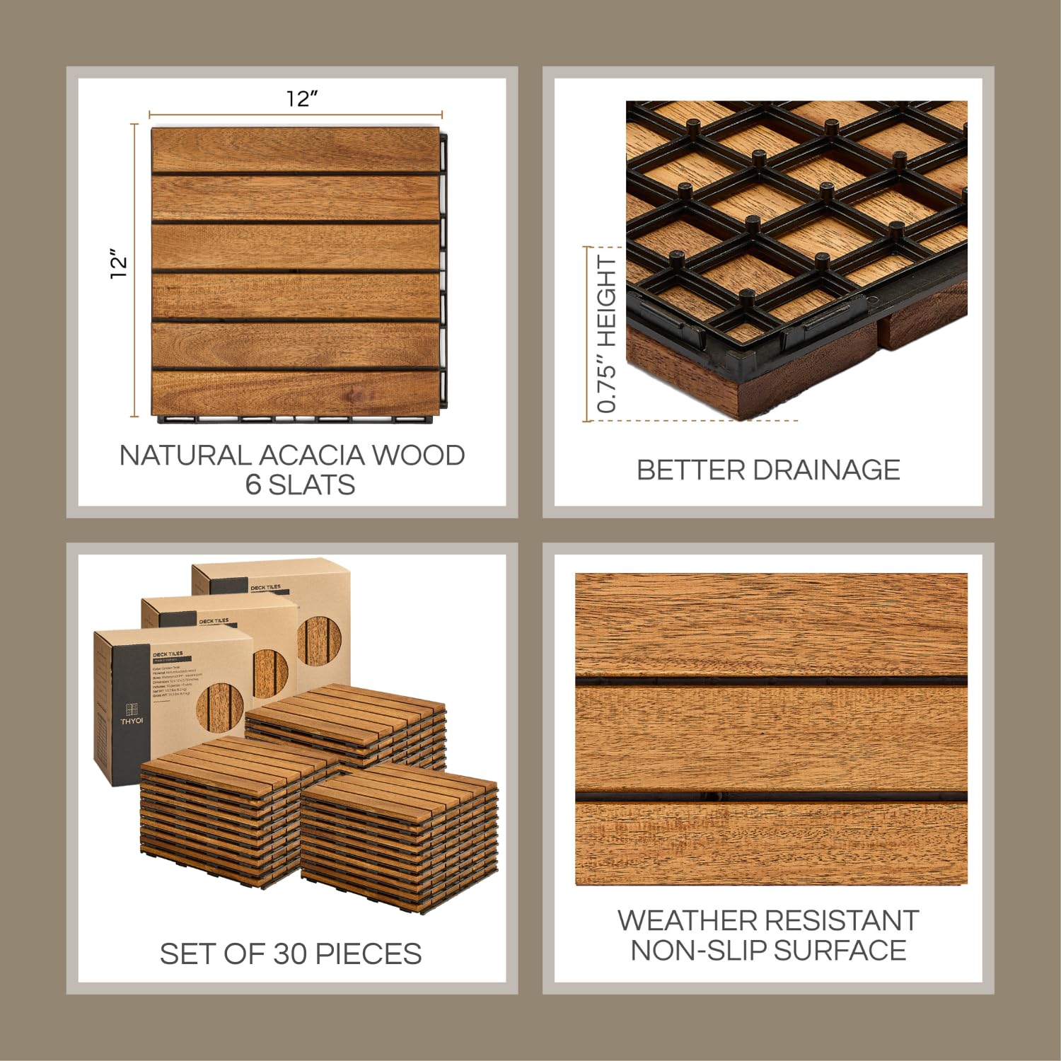 Premium Group Deck Tiles, Patio Flooring - Outdoor Waterproof Acacia Wood Tiles for All Weather Use - Balcony, Backyard, Indoor & Outdoor (Golden Teak, Set 30 Striped Pattern)