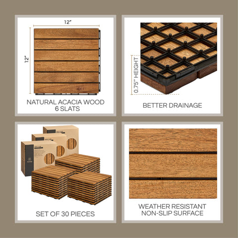 Premium Group Deck Tiles, Patio Flooring - Outdoor Waterproof Acacia Wood Tiles for All Weather Use - Balcony, Backyard, Indoor & Outdoor (Golden Teak, Set 30 Striped Pattern)
