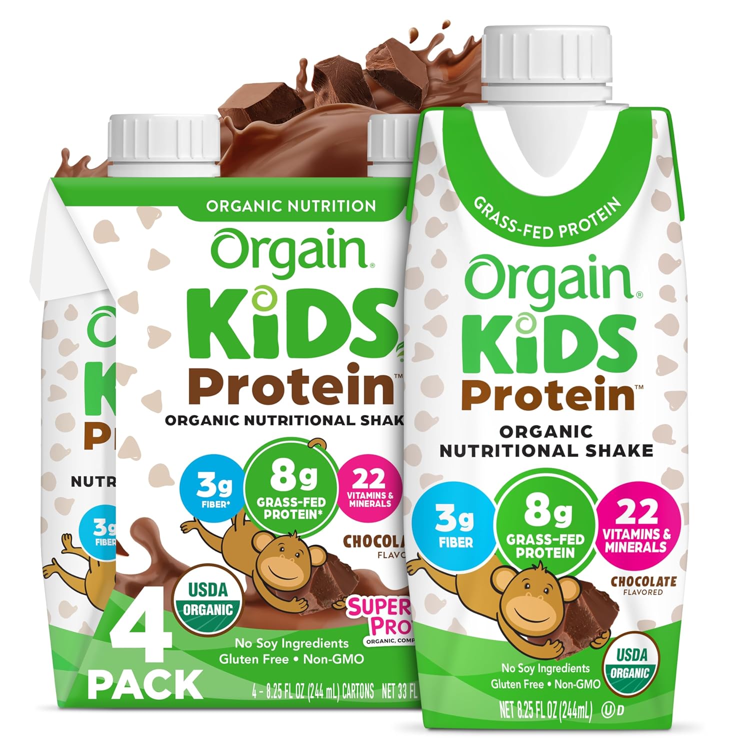Orgain Organic Kids Dairy 8g Protein Shake, Chocolate, 8.25 oz, 4pk