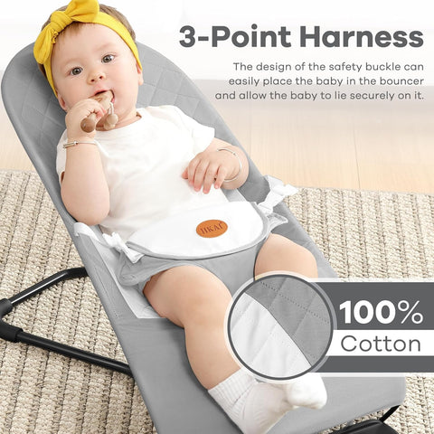 HKAI Baby Bouncer, Portable Baby Bouncer Seat for Babies 0-18 Months, 100% Cotton Fabrics, 3 Modes of use with Rocker and Stationary Options, Infant Rocker Chair with Hanging Toys-Light Grey