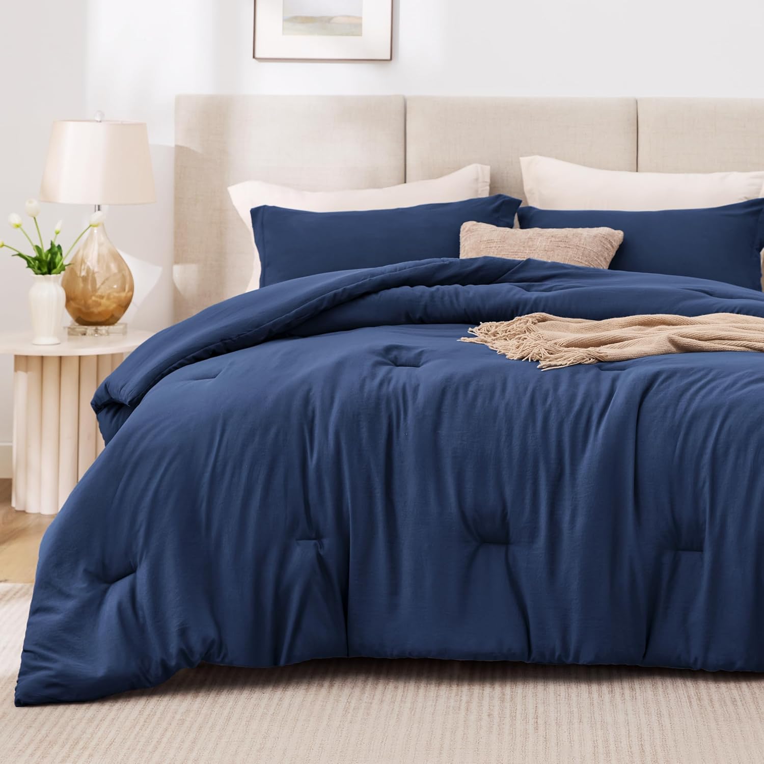 Love's cabin Dark Blue Full Comforter Set, 3-Piece Prewashed Bed Set