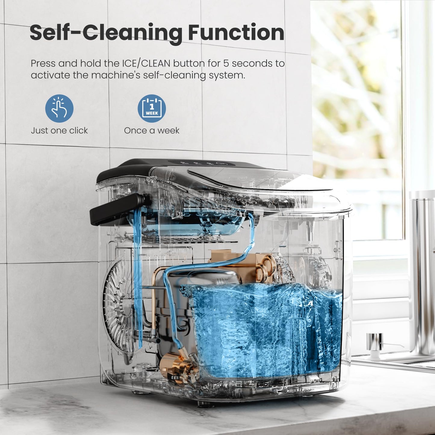 Portable Ice Maker Machine with Handle, 27lbs/24Hrs, 6Mins/9 Ice Cubes, Self-Cleaning with Basket/Scoop, Countertop Ice Makers for Home/Kitchen/Office(Stainless steesl)