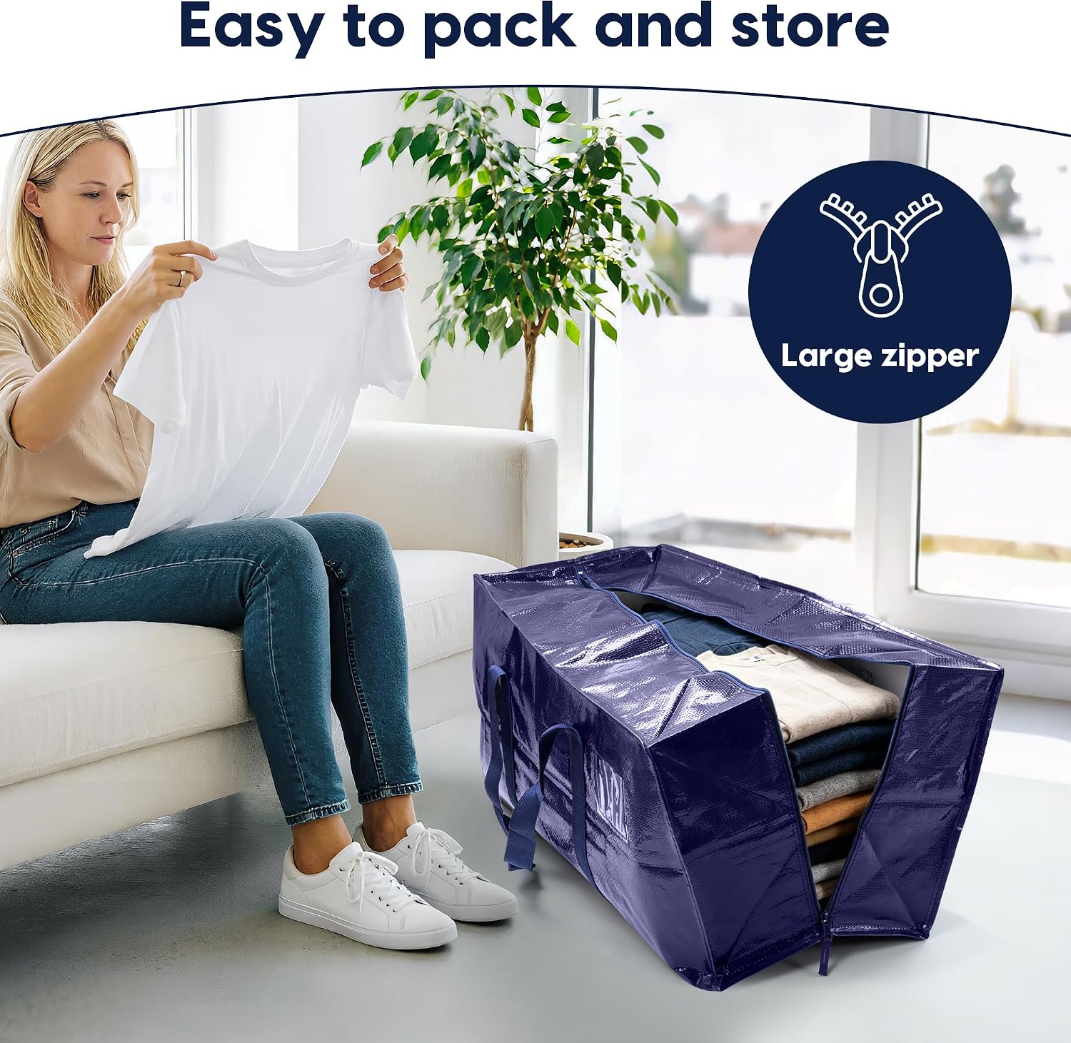 6 Pack Moving Bags Heavy Duty 210GSM with Full-Open Side Zipper, 93L 220lbs Waterproof Foldable Storage Totes for College Dorm Move-In, Moving Boxes Alternative & Home Organization, Blue