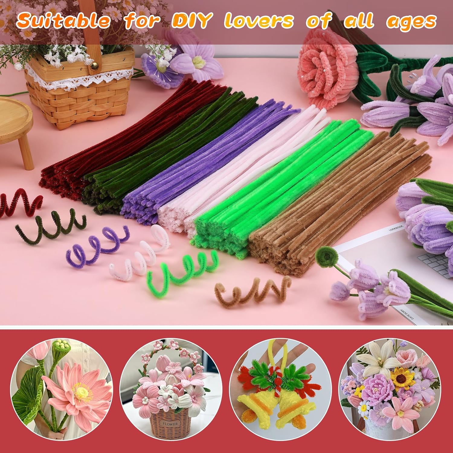 100Pcs Pipe Cleaners, Wine Red Chenille Stems for Flowers Making