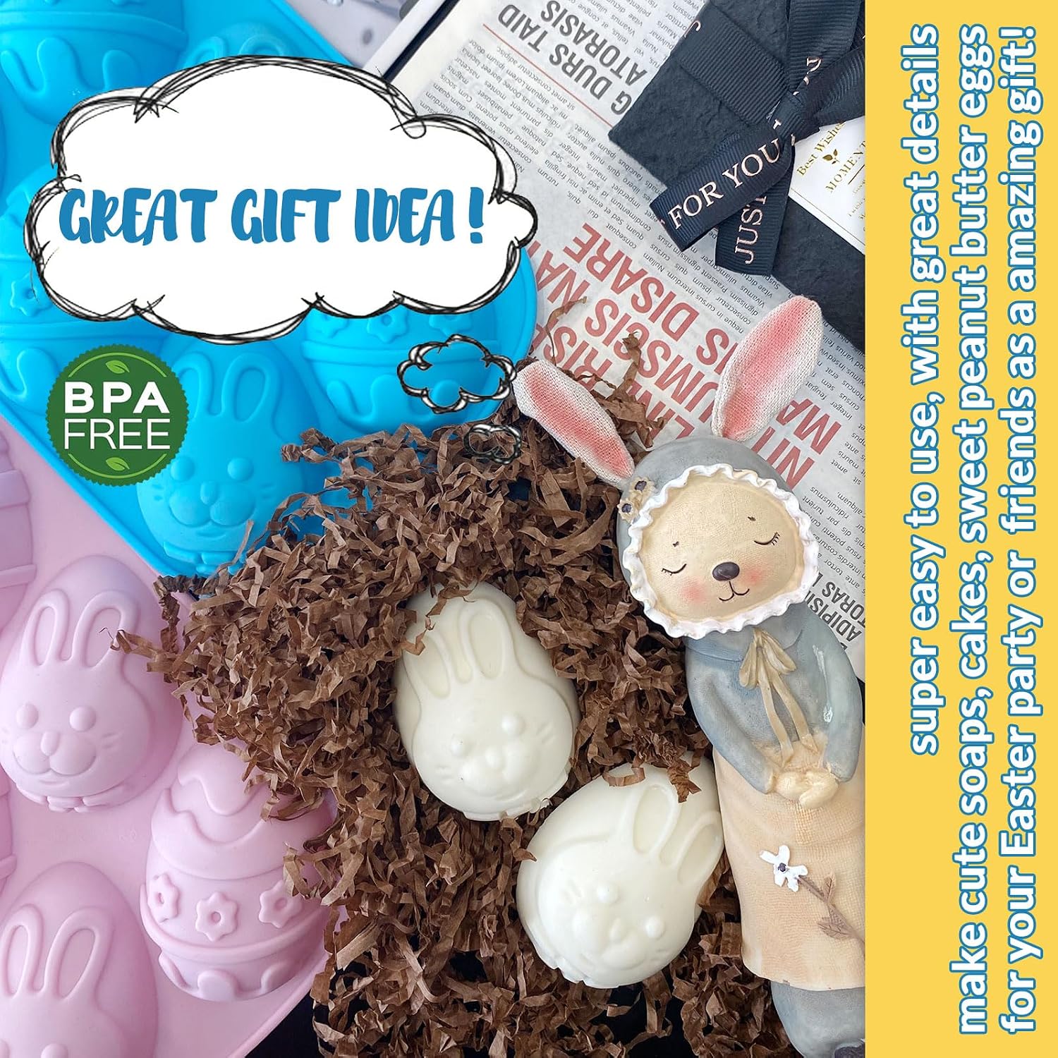 Egg Shape Silicone Molds 3.5 Inch, 2-Pack Chocolate Baking Holiday Easter Mould, Non-Stick BPA Free, Kid-Friendly Soap Mold Rabbit & Floral Designs, Blue & Pink