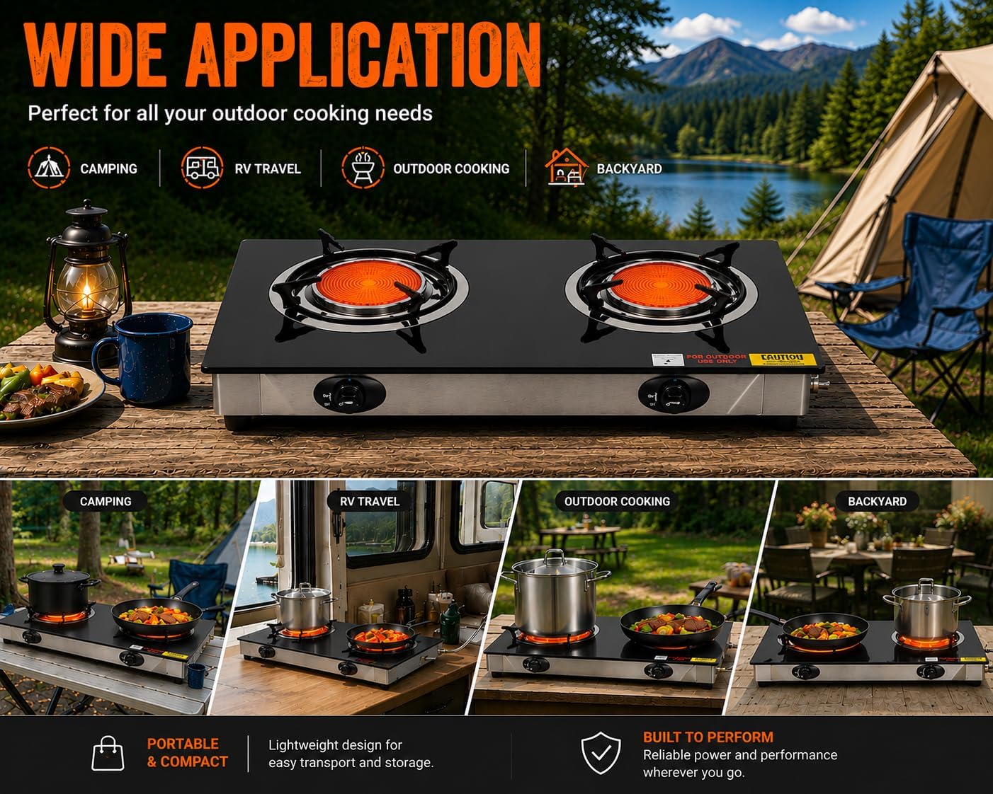 Barton Deluxe 40,000 BTU 2-Burner Propane Gas Stove, Outdoor Countertop Cooktop with Ceramic Infrared Burners, Auto Ignition LPG Camping Stove for BBQ, Tailgating & Outdoor Cooking