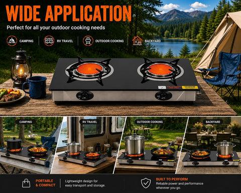 Barton Deluxe 40,000 BTU 2-Burner Propane Gas Stove, Outdoor Countertop Cooktop with Ceramic Infrared Burners, Auto Ignition LPG Camping Stove for BBQ, Tailgating & Outdoor Cooking