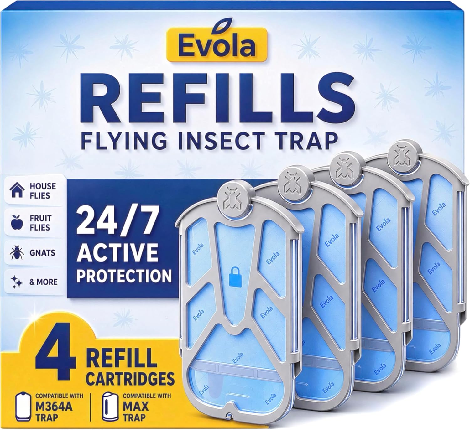 Evola 4 Pack Flying Insect Trap Refills - Compatible with Zevo Flying Insect Trap M364, M364A & MAX Bases - Fruit Fly, Gnat, Bug & Mosquito Catcher Replacement Cartridges