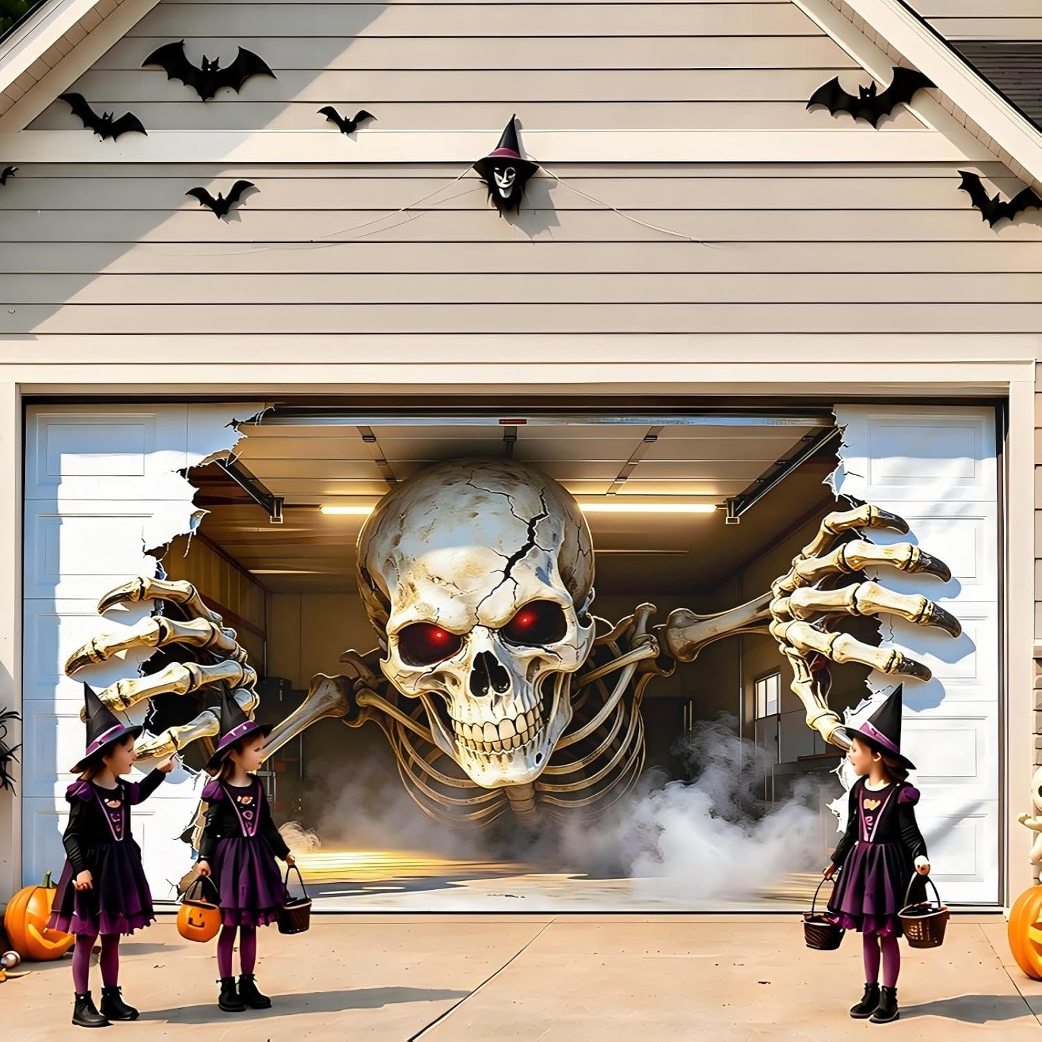Halloween Garage Door Cover 16x7 FT, Realistic Garage Scene Design
