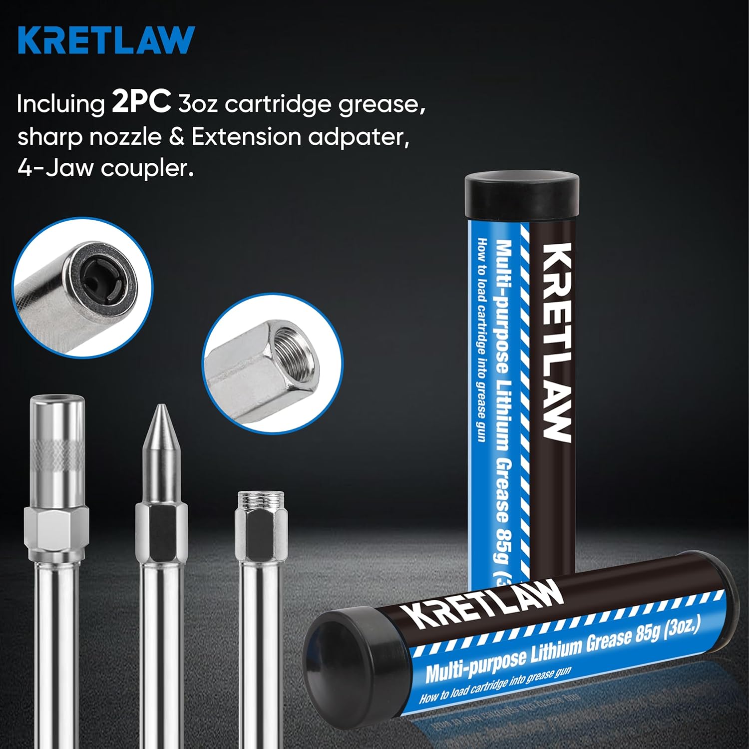KRETLAW Mini Grease Gun (3000PSI) with Double 3oz Cartridge Grease and 12'' Flex Hose, Reinforced Coupler for Automotive,Marine
