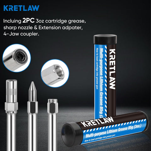 KRETLAW Mini Grease Gun (3000PSI) with Double 3oz Cartridge Grease and 12'' Flex Hose, Reinforced Coupler for Automotive,Marine
