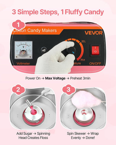 VEVOR Cotton Candy Machine Commercial, 1000W Electric Candy Floss Maker, Easy Use with 15 inch Stainless Steel Bowl and Sugar Scoop, Makes Hard Candy for Home Kids Birthday, Family Party, Pink