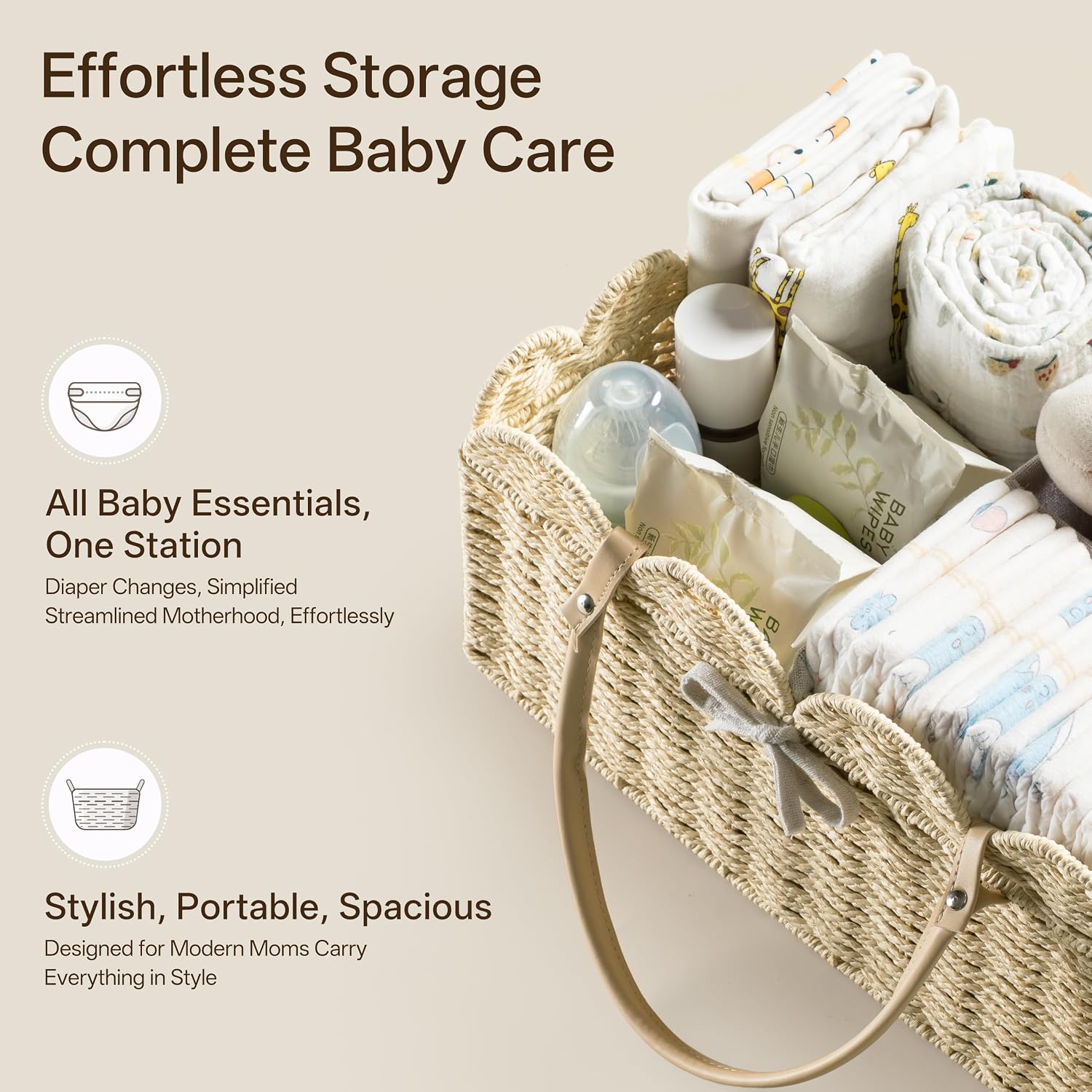 HBlife Large Baby Diaper Caddy, Paper Rope Storage Baskets Nursery Bin with Removable Divider, Portable Car Organizer for Diapers, Baby Shower Gifts, Newborn Essentials Must Haves