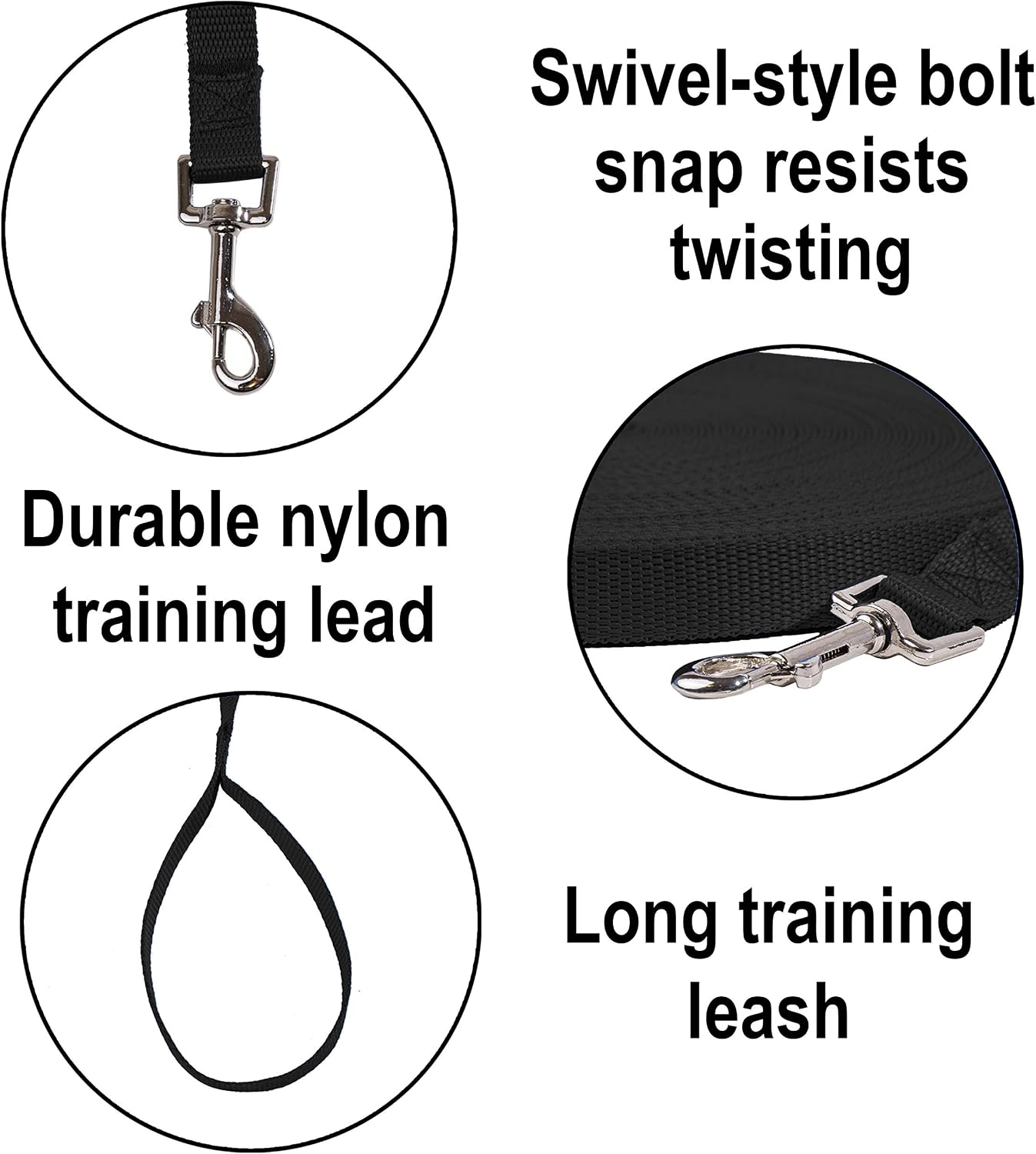 Hi Kiss Dog/Puppy Obedience Recall Training Agility Lead/Leash - 15ft 20ft 30ft 50ft 100ft - Great for Play, Camping, or Backyard - Black