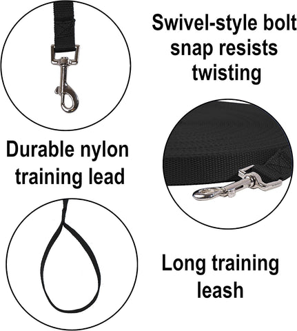Hi Kiss Dog/Puppy Obedience Recall Training Agility Lead/Leash - 15ft 20ft 30ft 50ft 100ft - Great for Play, Camping, or Backyard - Black